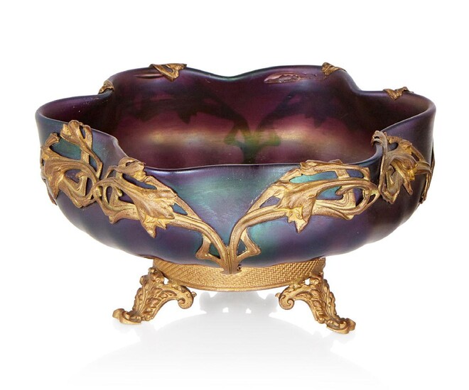 Bohemian, probably Kralik, Mount possibly by Lucien Marcel Bing (1875-1920), Bowl with stand, circa 1900, Iridescent glass, gilt metal, Unsigned, 14.5cm diameter, 7.5cm high