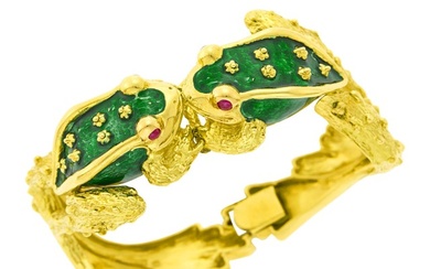 Boris LeBeau Gold, Green Enamel and Cabochon Ruby Frog Bangle Bracelet