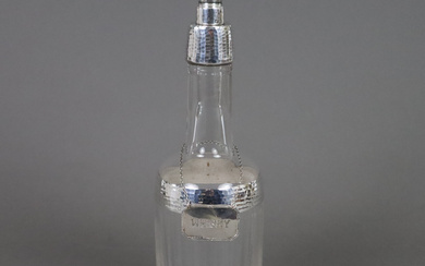 Bottle shaped carafe/decanter - USA, Art Deco style silver overlay with martelézier.