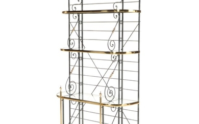 Brass, Glass and Wrought Metal with Verdigris Finish Baker's Rack