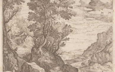 Bril, Paul (auch Paulus, 1554 Antwerpen - 1626 Rom)Hügelige Landschaft mit Eremit