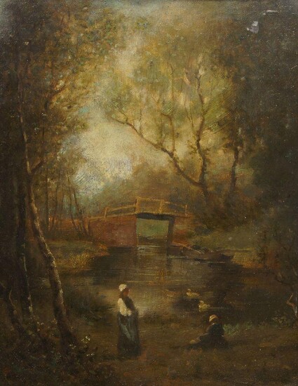 British School, mid 19th Century- Landscape with a bridge and two figures; oil on canvasboard, 33 x 25.5 cm. Provenance: Private Collection.