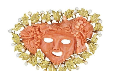 Buccellati Carved Coral Bacchus Head and Seed Pearl