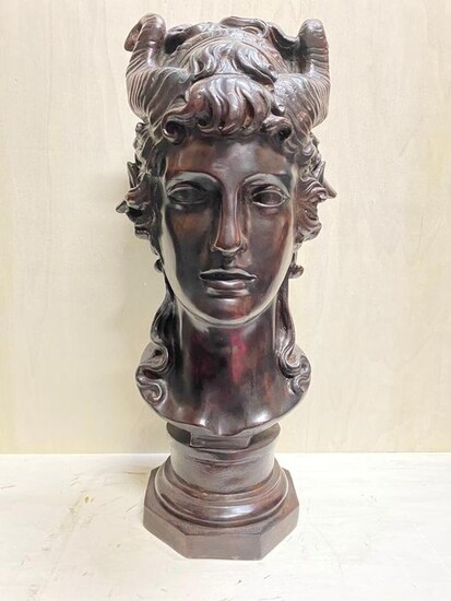 Bust, Two-faced head of man and bucrania - 50 cm - Bronze - Late 20th century