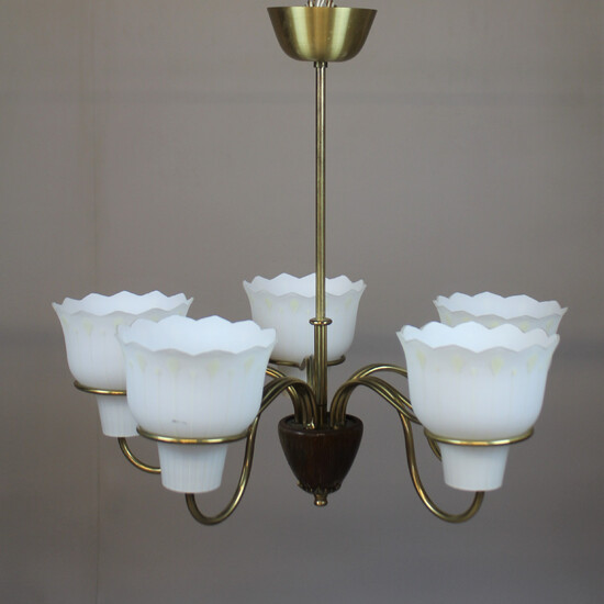 CEILING LAMP brass/glass with wooden details.