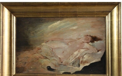 CHAPLIN Charles. (1825-1891). « Modèle nu allongé ». Huile sur panneau. H.28 L.44.