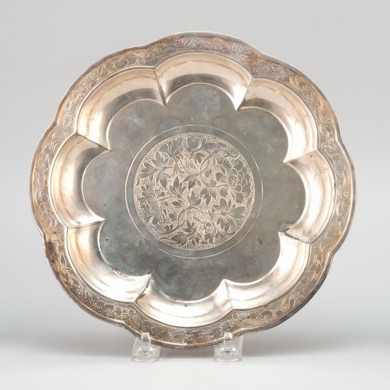 CHINESE SILVER DISH Floriform, with a lotus and peony design. Diameter 9". Approx. 23 troy oz.