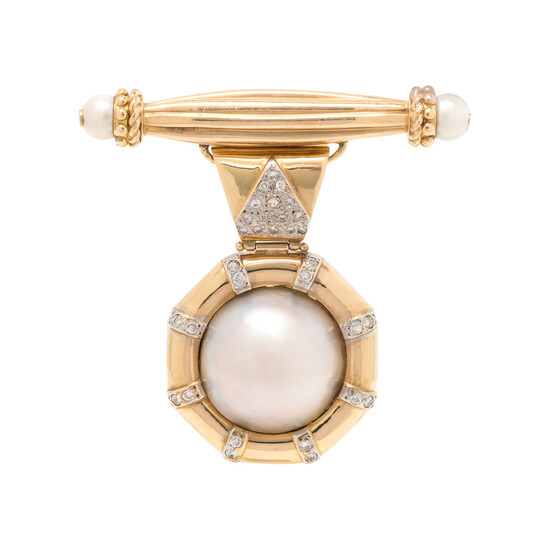 CONVERTIBLE YELLOW GOLD, CULTURED MABE PEARL AND DIAMOND PENDANT/BROOCH