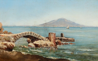 Carl Neumann: Coastal view from Italy looking towards Mount Vesuvius. Signed C. N. Oil on panel. 23×36 cm.