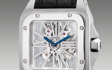 Cartier, Ref. 3202 A fine, attractive and large palladium square-shaped skeletonized wristwatch with presentation box