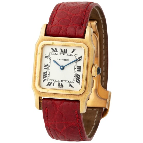 Cartier. Very Elegant Santos Square-Shape Wristwatch in Yellow Gold, With Black Roman Numbers
