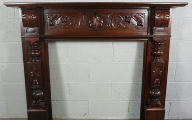 Carved Mahogany Fire Surround, In Victorian style with leaf to centre and repeating Dragon carving
