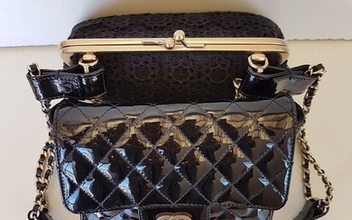 Chanel - Black Lace & Patent Double Crossbody bag