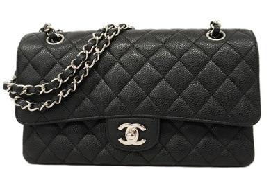 Chanel Shoulder Bag Matelasse W Flap Chain Caviar Skin Black Silver Hardware Women's
