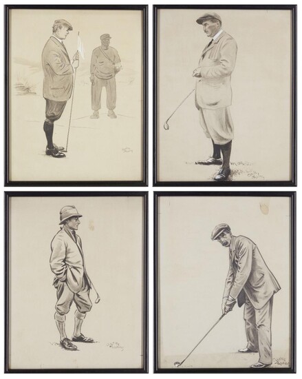 Charles Napier Ambrose, British 1876-1946- A golfer holding a golf flag pin; brush and black ink and wash heightened with white on grey coloured paper, signed, 29 x 22.5 cm: together with three other drawings/original artworks for illustration of...
