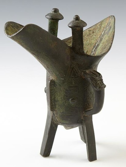 Chinese Bronze Jue Wine Vessel, 19th c., with a dragon