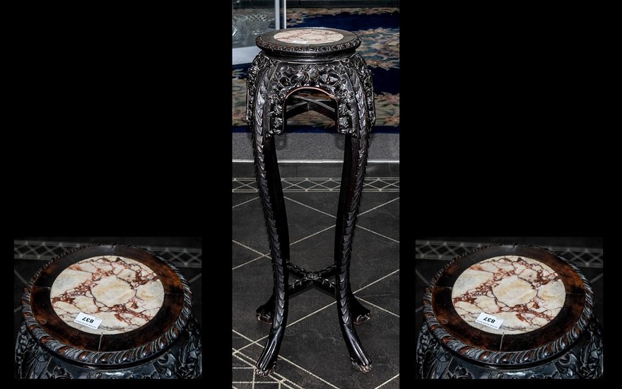 Chinese Hard Wood Antique Marble Top Urn Stand profusely car...