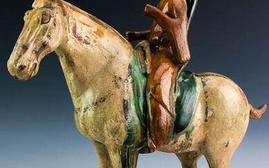 Old Chinese Tang Era Horse and Rider Pottery Sculpture
