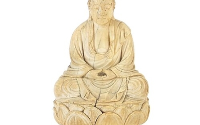 Chinese ivory carving of seated Buddha, character marks to t...