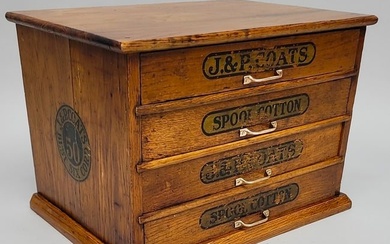 Circa 1900 Oak 4 Drawer Spool Cabinet with all original ads on al 4 sides. J&P Coats - Best Six