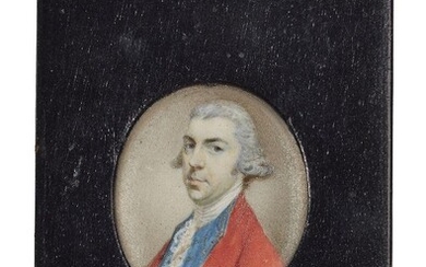 Circle of Nathaniel Hone, British 1718-1784- Portrait miniature of a gentleman, quarter-length turned to the left with powdered hair, wearing a scarlet coat, blue waistcoat and white lace cravat, against a plain background, oval, held in a...