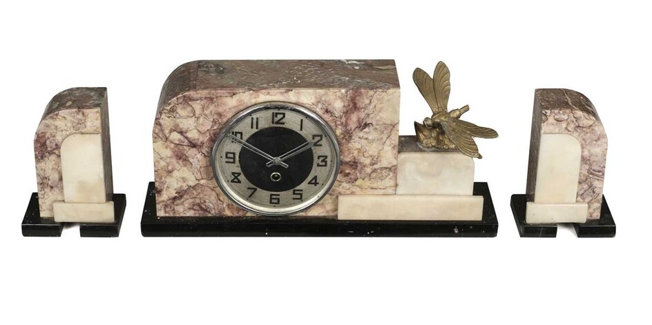 Clock Garniture. An art deco marble clock garniture
