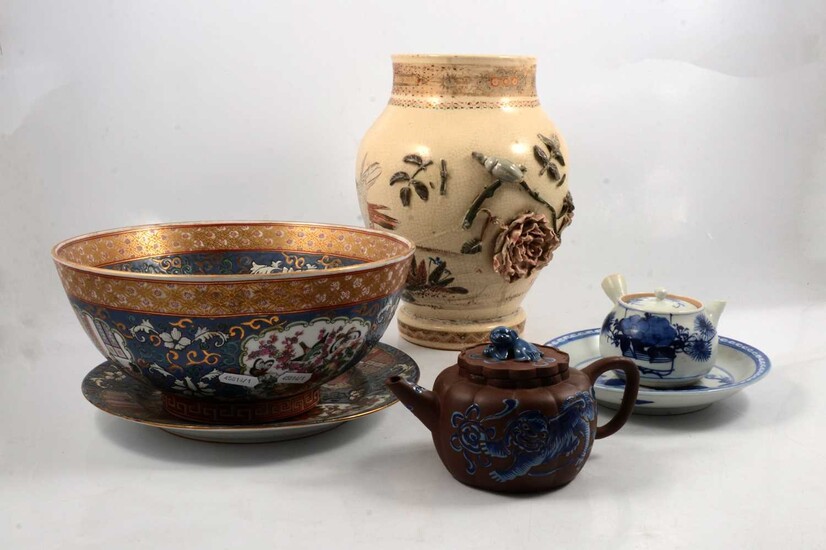 Collection of oriental ceramics, redware teapot, etc