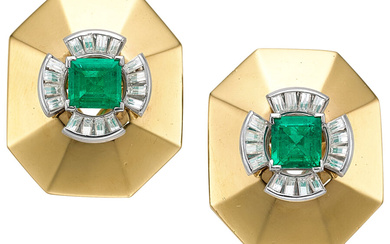 Colombian Emerald, Diamond, Platinum, Gold Earrings Stones: Rectangular step-cut...