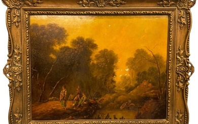 Conitnental Dutch Italianate Romantic Landscape Figures Oil on Panel Painting