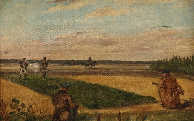 Constantin Hansen: A hare hunt depicting Roed and Constantin Hansen. C. 1827–28. Unsigned. Oil on canvas laid on canvas. 15×21 cm.