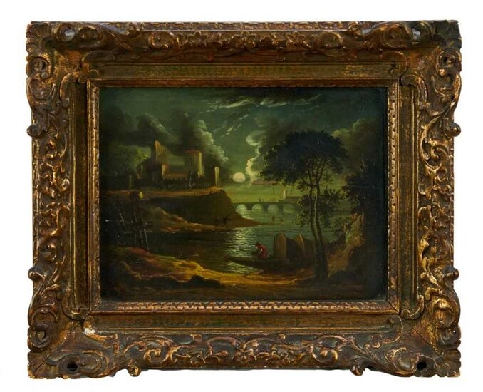 Continental School, early 19th century, pair of oils on panel - moonlit river landscapes, 20.5cm x 27.5cm, in glazed giltwood frames