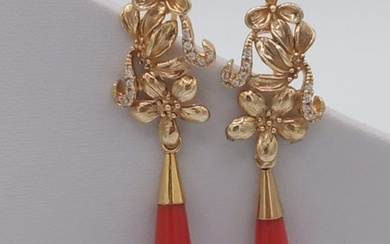 Coral - 925 Silver, Yellow gold - Earrings, Set - 30.00 ct Coral