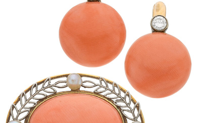 Coral, Diamond, Cultured Pearl, Platinum, Gold Jewelry Stones: Coral...