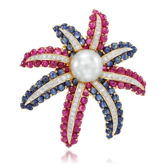 Cultured pearl and gem set brooch