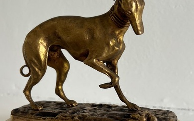 D’après Antoine Louis Barye (1796-1875) - Statue, Lévrier en chasse - 11 cm - Bronze, Bronze (gilt), Onyx