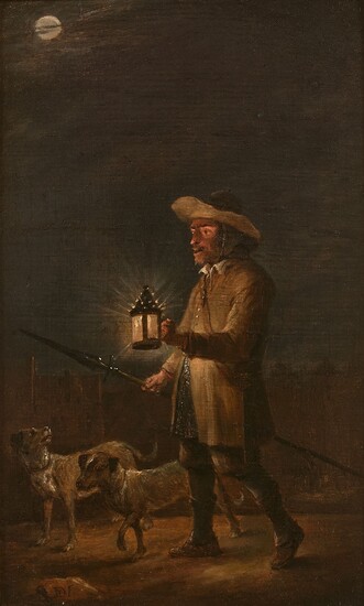 David TENIERS Bruxelles, 1610 - 1690Veilleur de nuit au clair de luneHuile sur panneauMonogrammé en...