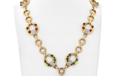 David Webb 18K Yellow Gold Celtic Crescent Emerald Ruby And Diamond Chain Necklace