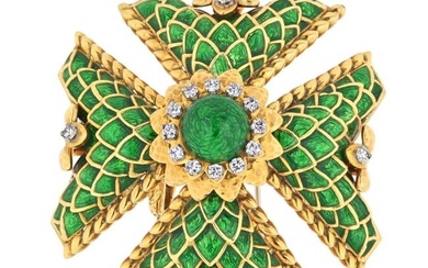 David Webb Maltese Cr 18K Yellow Gold Large Diamond and Green Enamel Pendant