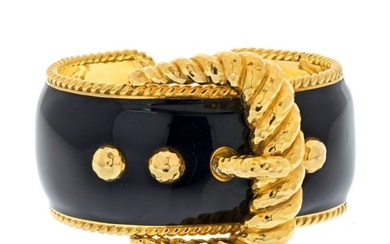 David Webb Platinum & 18K Yellow Gold Black Enamel Belt Motif Cuff Bracelet