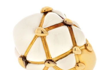 David Webb Platinum & 18K Yellow Gold Dome Off White Enamel Cream Criss Cross Cocktail Ring