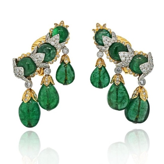 David Webb Smooth Briolette Cut Green Emerald Cascading Clip Diamond Earrings