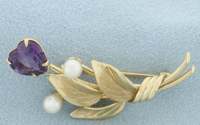 Designer Harry S. Bick HSB Amethyst and Pearl Flower Pin Brooch in 14k Yellow Gold