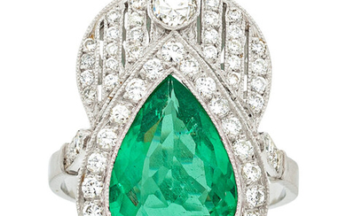 Diamond, Emerald, White Gold Ring Stones: Pear-shaped emerald weighing...