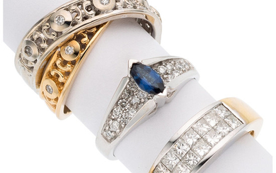 Diamond, Sapphire, Gold Rings The lot includes a ring...