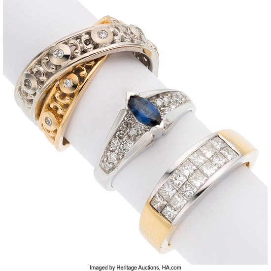 Diamond, Sapphire, Gold Rings The lot includes a ring...