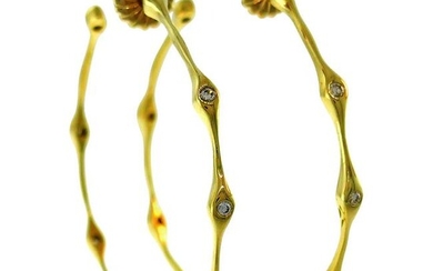 Diamond Yellow Gold Bamboo Hoop Earrings Signed SB