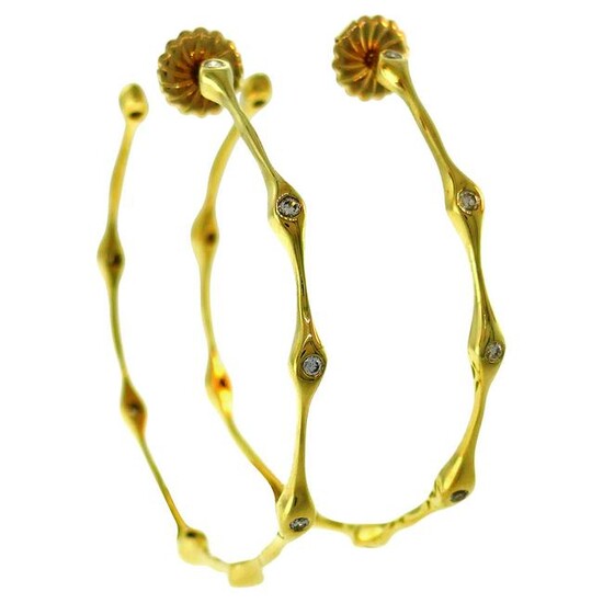 Diamond Yellow Gold Bamboo Hoop Earrings Signed SB