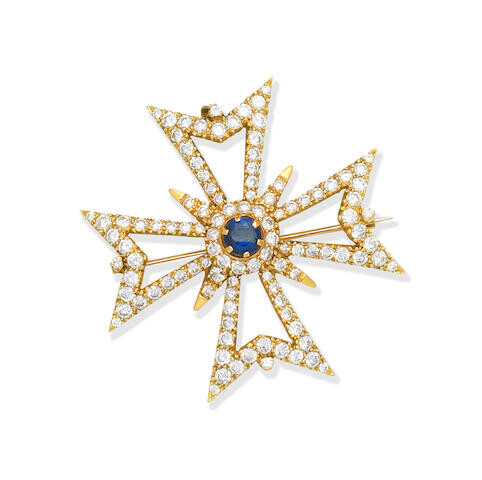 Diamond and sapphire maltese cross brooch/pendant