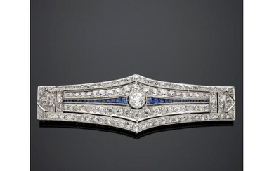 Diamond and sapphire platinum lozenge brooch, central diamond ct. 0.40 circa, white gold pin, in all ct. 3.70 circa, g...