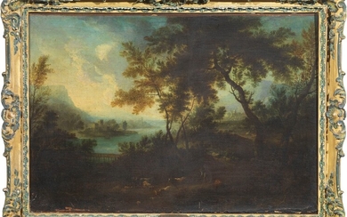 Due dipinti a soggetto «Paesaggio fluviale con figure e armenti», Gaspar Dughet (ambito di) (Roma 1615 - 1675)
